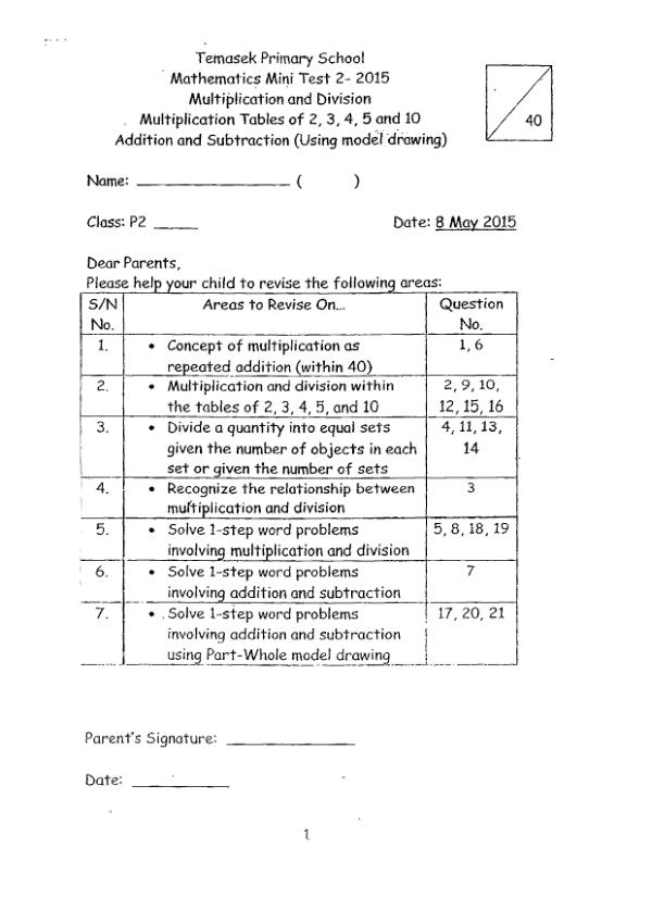 First page preview of P2 Math 2015 WA2 — Temasek