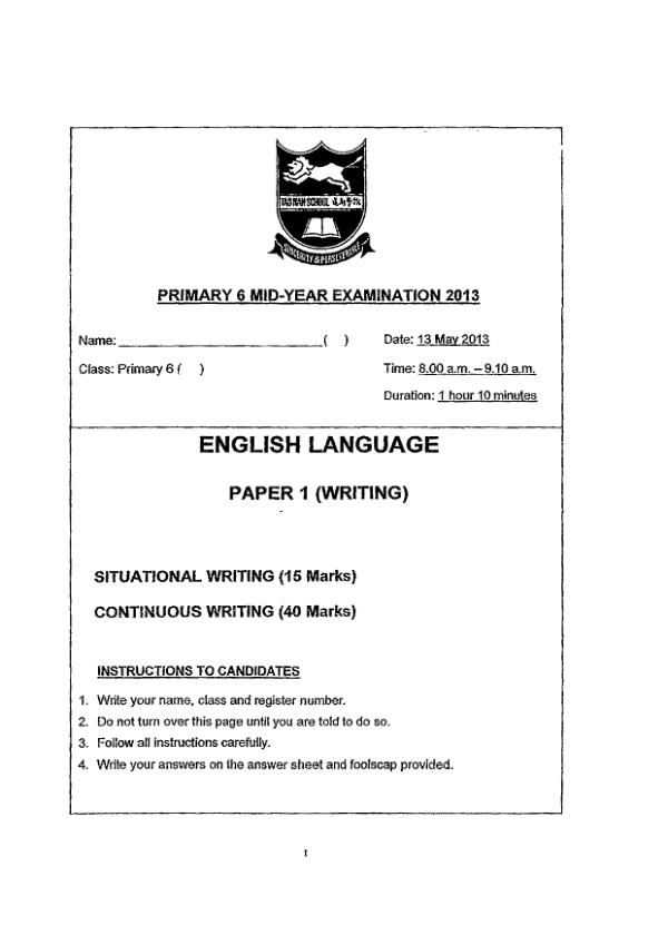 Tao Nan P6 Eng WA2 2013 exam paper PDF first page preview