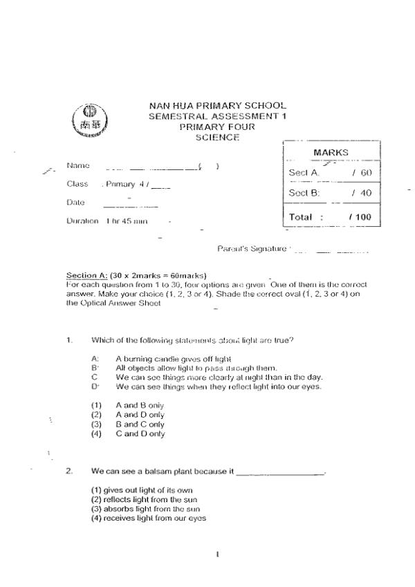 Nan Hua P4 Sci WA2 2008 exam paper PDF preview