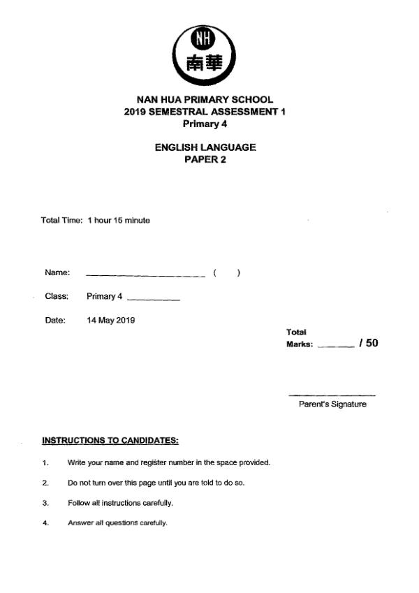 Nan Hua P4 Eng WA2 2019 exam paper PDF first page preview