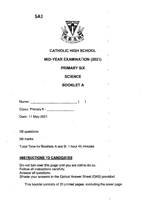 Catholic High P6 Sci WA2 2021 exam paper PDF first page preview