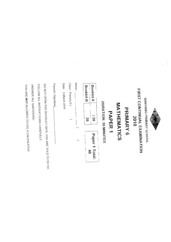 Nanyang P6 Math WA1 2010 exam paper PDF preview