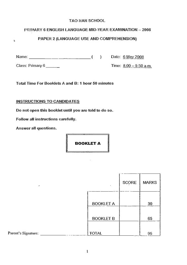 Tao Nan P6 Eng WA2 2008 exam paper PDF first page preview