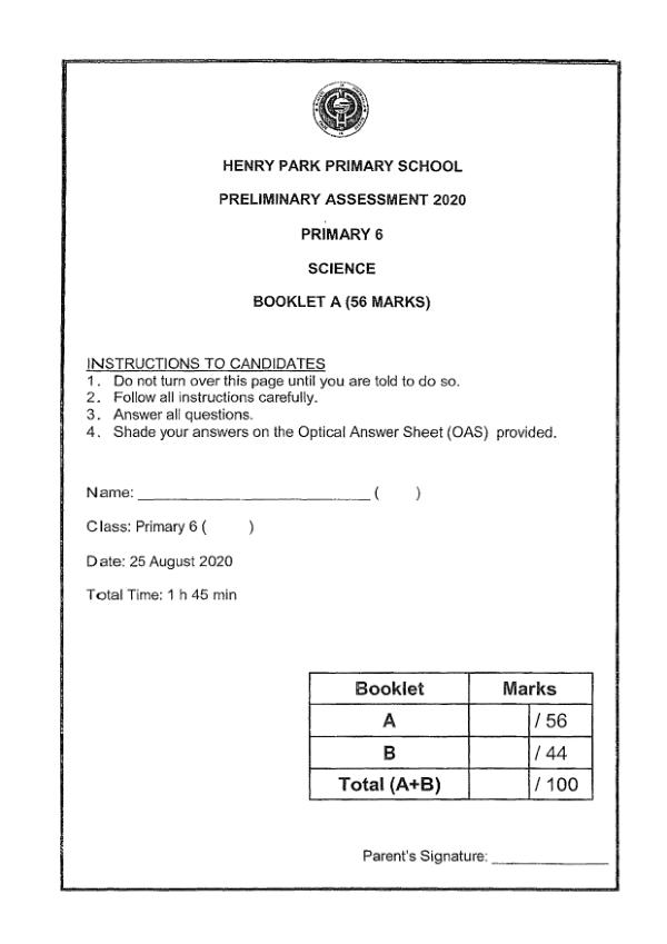 Henry Park P6 Sci SA2 2020 exam paper PDF preview