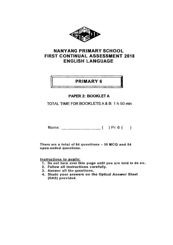 Nanyang P6 Eng WA1 2018 exam paper PDF preview