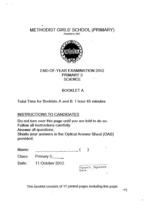 Methodist Girls P3 Sci SA2 2012 exam paper PDF preview