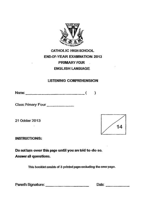 Catholic High P4 Eng SA2 2013 exam paper PDF preview