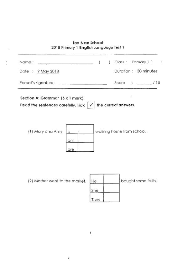 Tao Nan P1 Eng WA2 2018 exam paper PDF preview