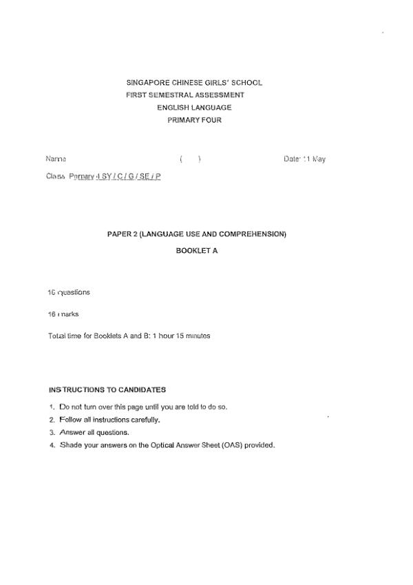 Singapore Chinese Girls P4 Eng WA2 2022 exam paper PDF first page preview