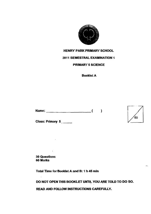 Henry Park P5 Sci WA2 2011 exam paper PDF preview