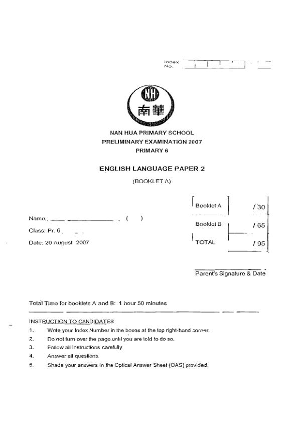Nan Hua P6 Eng SA2 2007 exam paper PDF preview