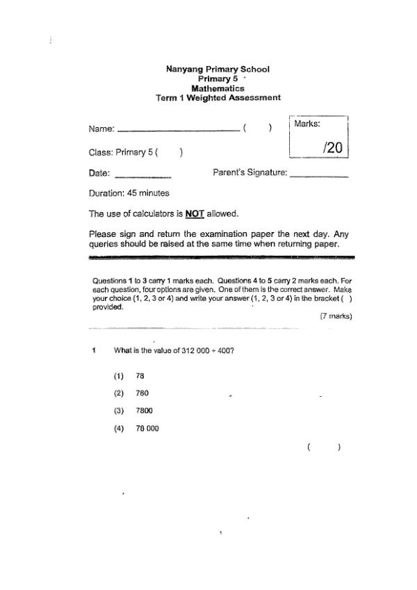 First page preview of P5 Math 2022 WA1 — Nanyang