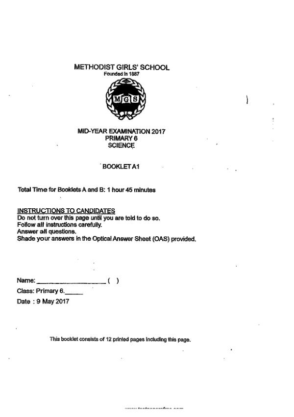Methodist Girls P6 Sci WA2 2017 exam paper PDF first page preview