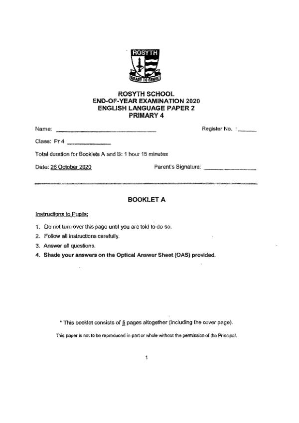 Rosyth P4 Eng SA2 2020 exam paper PDF preview