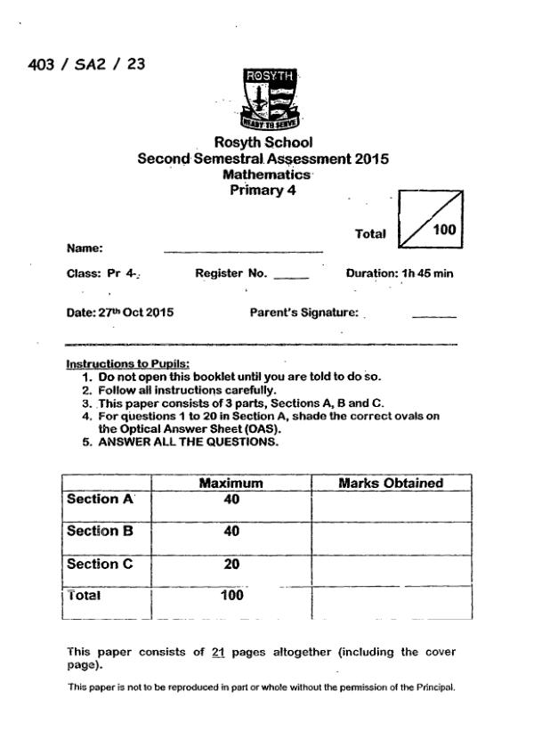 First page preview of P4 Math 2015 SA2 — Rosyth