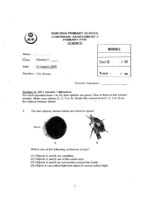 Nan Hua P5 Sci WA3 2008 exam paper PDF preview