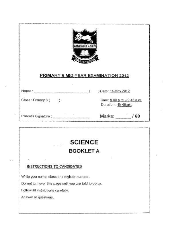 Tao Nan P6 Sci WA2 2012 exam paper PDF preview