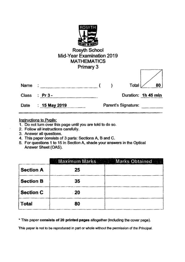 First page preview of P3 Math 2019 WA2 — Rosyth