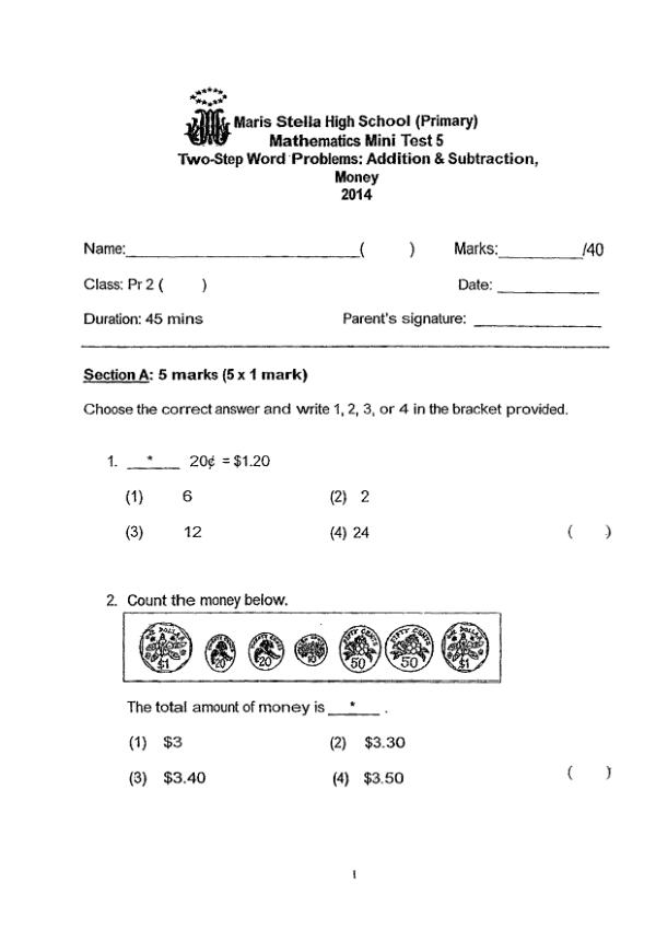 Maris Stella High P2 Math WA2 2014 exam paper PDF first page preview
