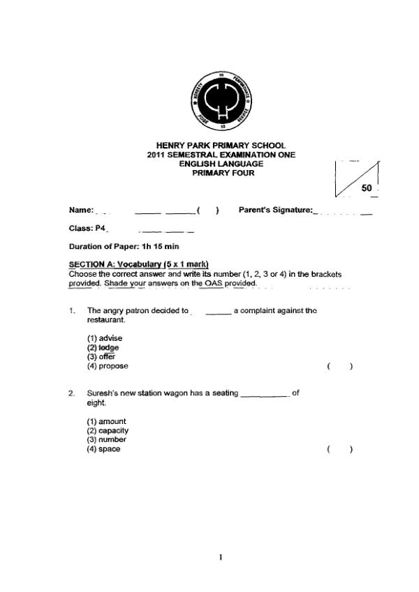 Henry Park P4 Eng WA2 2011 exam paper PDF first page preview