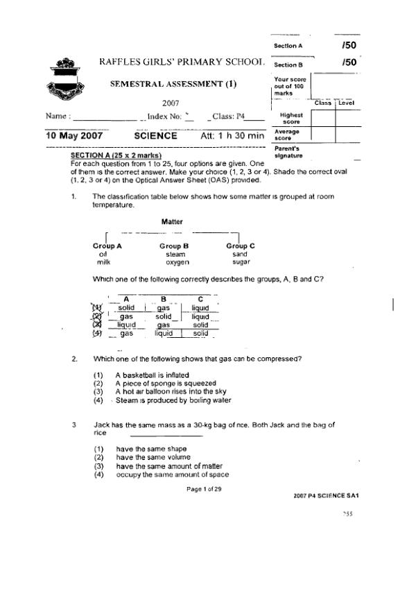 Raffles Girls P4 Sci WA2 2007 exam paper PDF preview