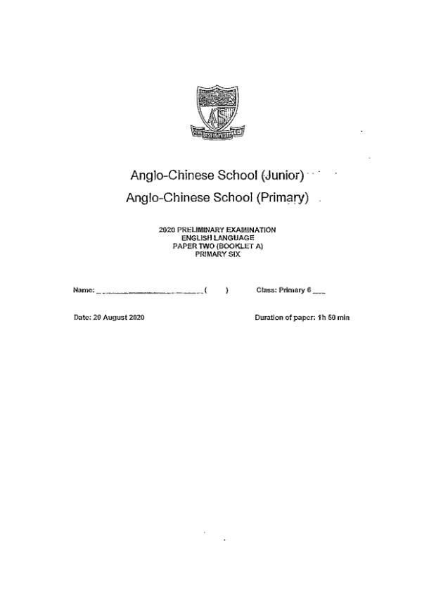 Anglo Chinese P6 Eng SA2 2020 exam paper PDF first page preview