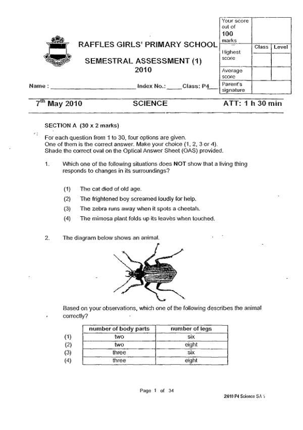 Raffles Girls P4 Sci WA2 2010 exam paper PDF first page preview