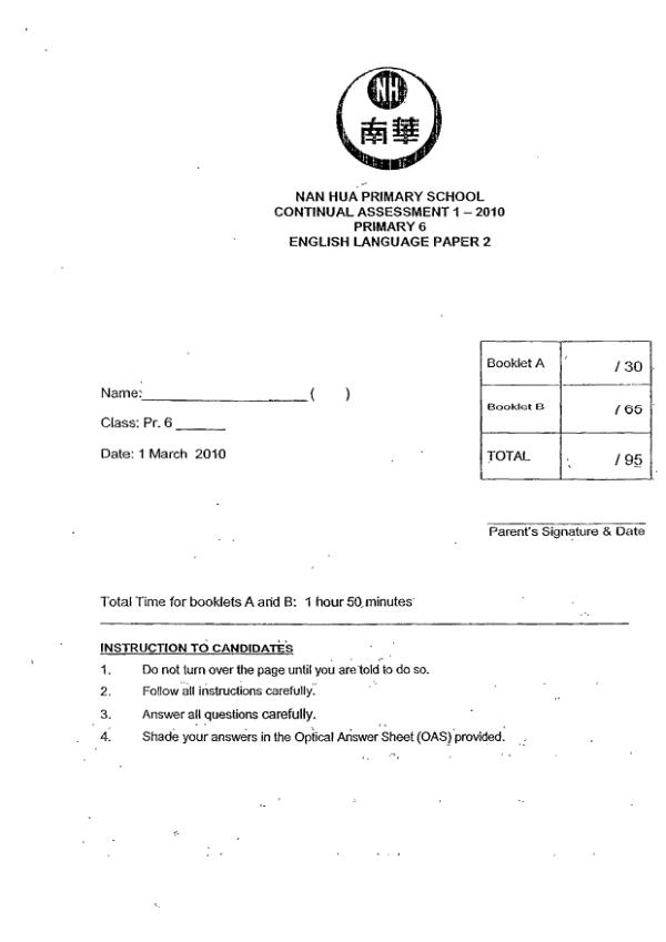 Nan Hua P6 Eng WA1 2010 exam paper PDF preview