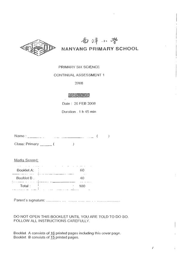 Nanyang P6 Sci WA1 2008 exam paper PDF preview