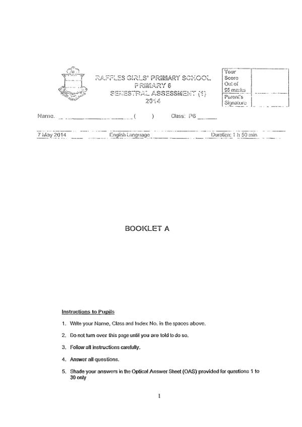 Raffles Girls P6 Eng WA2 2014 exam paper PDF first page preview