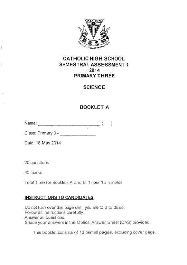 Catholic High P3 Sci WA2 2014 exam paper PDF preview