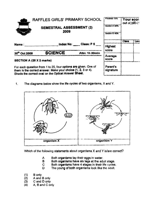 Raffles Girls P5 Sci SA2 2009 exam paper PDF first page preview