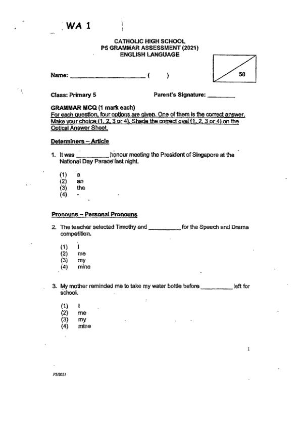 Catholic High P5 Eng WA1 2021 exam paper PDF preview