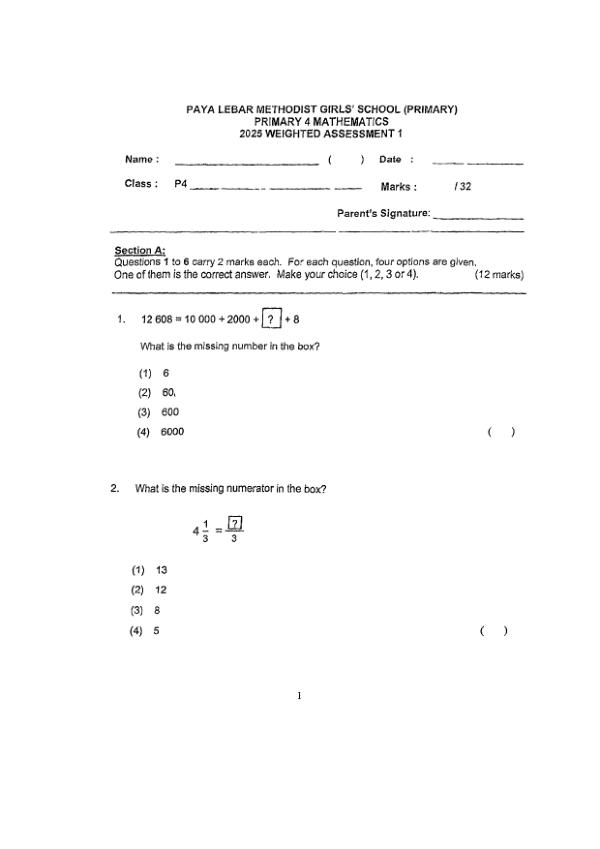 First page preview of P4 Math 2025 WA1 — Methodist Girls