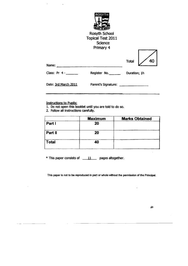Rosyth P4 Sci WA1 2011 exam paper PDF preview