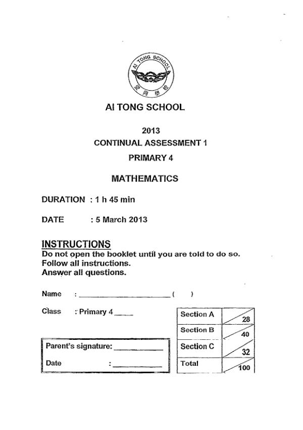 Ai Tong P4 Math WA1 2013 exam paper PDF preview