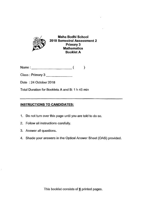 First page preview of P3 Math 2018 SA2 — Maha Bodhi