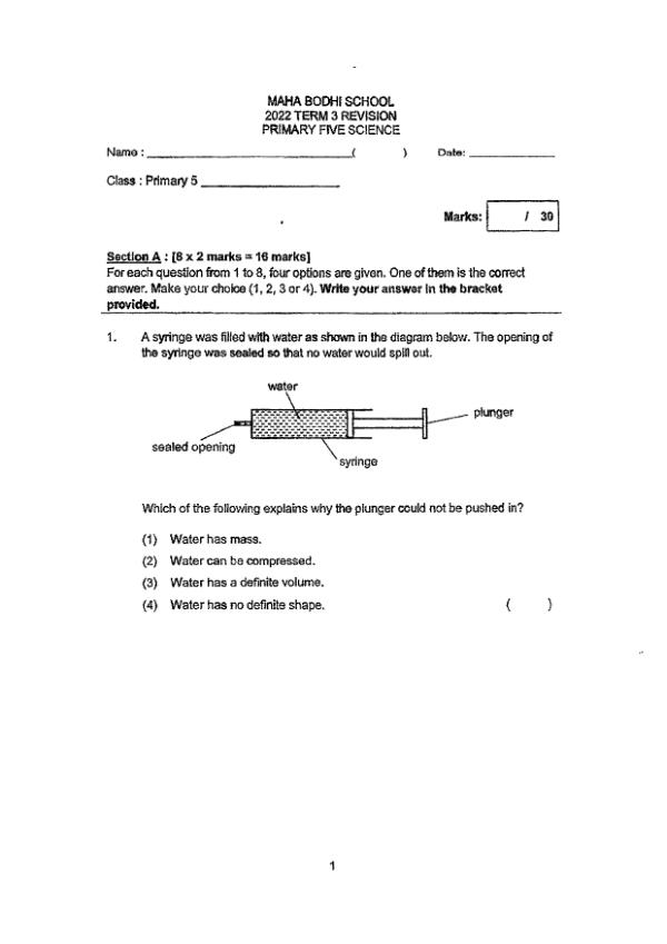 Maha Bodhi P5 Sci WA3 2022 exam paper PDF preview