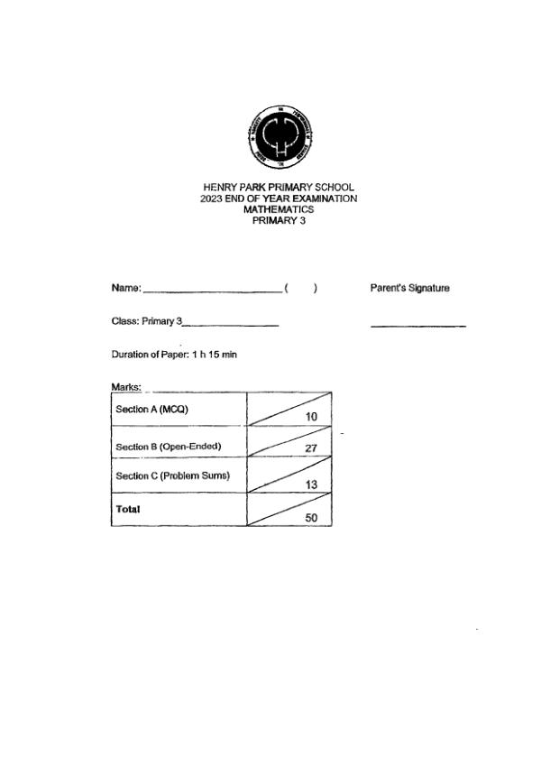 First page preview of P3 Math 2023 SA2 — Henry Park