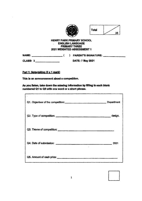 Henry Park P3 Eng WA2 2021 exam paper PDF preview
