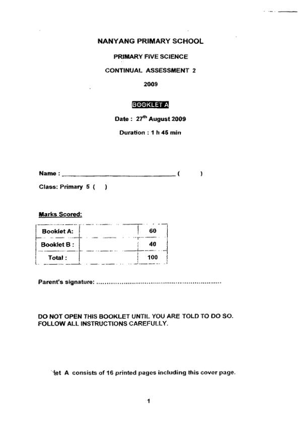 Nanyang P5 Sci WA3 2009 exam paper PDF preview