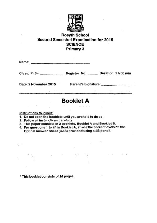 Rosyth P3 Sci SA2 2015 exam paper PDF preview