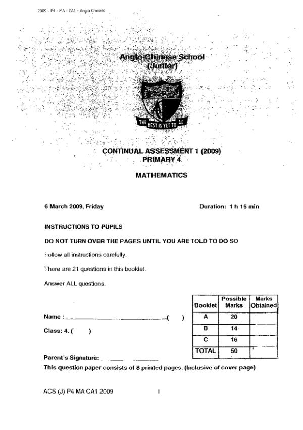 Anglo Chinese P4 Math WA1 2009 exam paper PDF preview