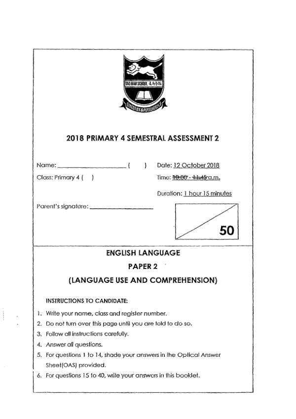 Tao Nan P4 Eng SA2 2018 exam paper PDF preview