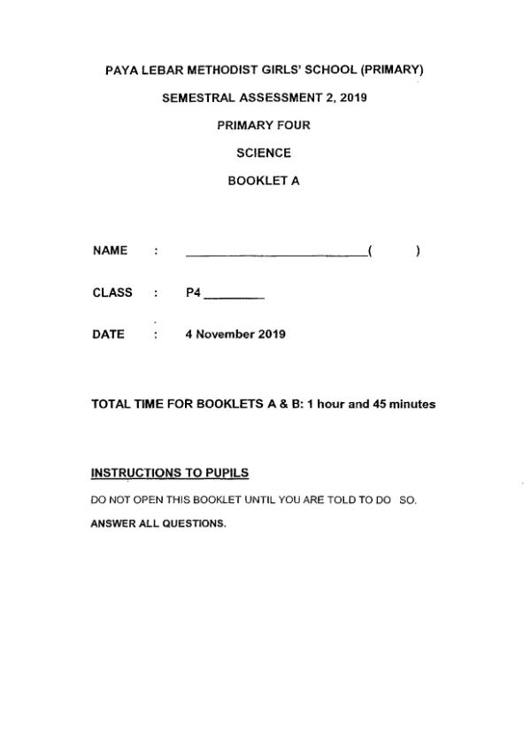 Methodist Girls P4 Sci SA2 2019 exam paper PDF first page preview