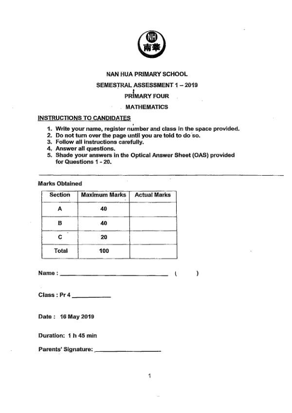 First page preview of P4 Math 2019 WA2 — Nan Hua