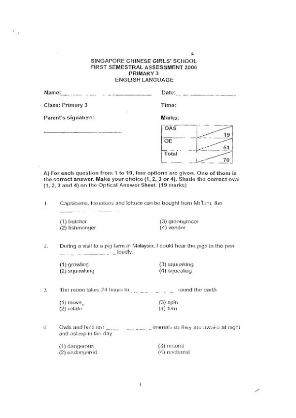 Singapore Chinese Girls P3 Eng WA2 2006 exam paper PDF first page preview