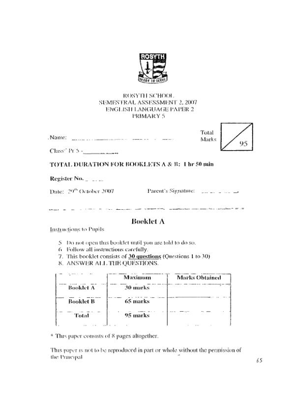 Rosyth P5 Eng SA2 2007 exam paper PDF preview