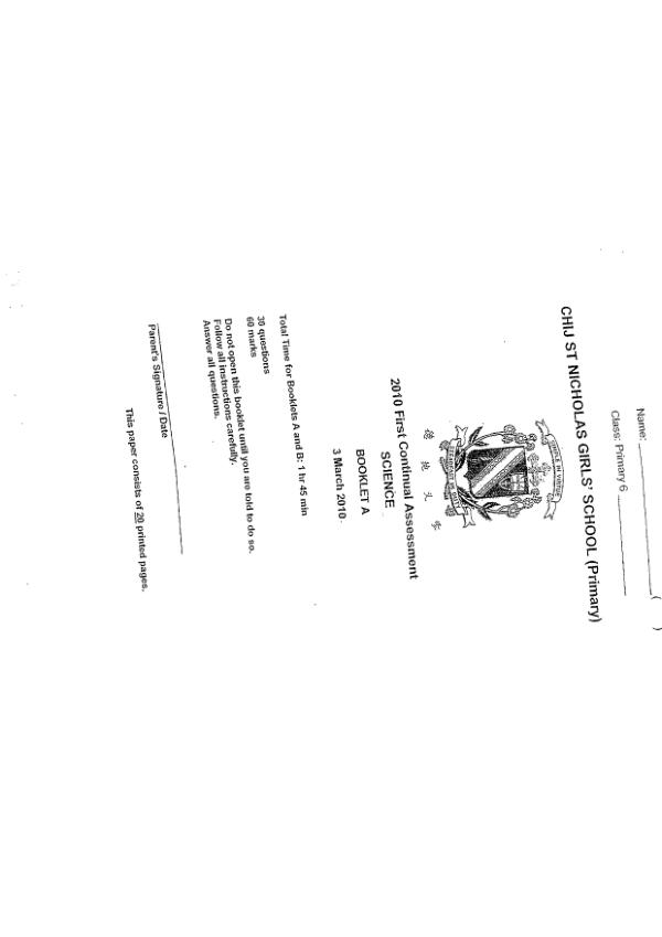 CHIJ P6 Sci WA1 2010 exam paper PDF preview