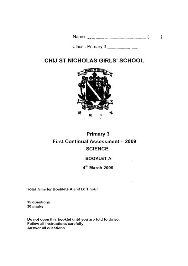 CHIJ P3 Sci WA1 2009 exam paper PDF first page preview